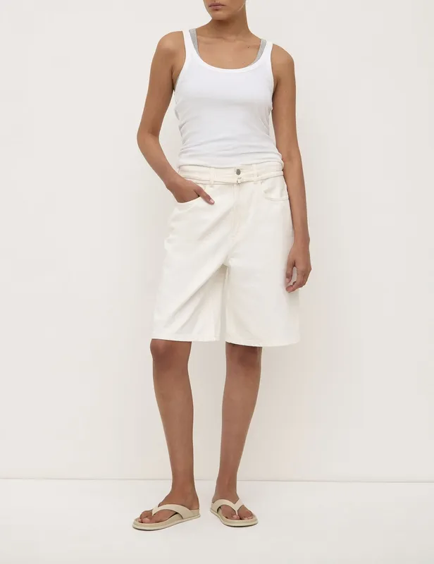 Vintage White Loose-Fit Tie-Waist Long Denim Short
