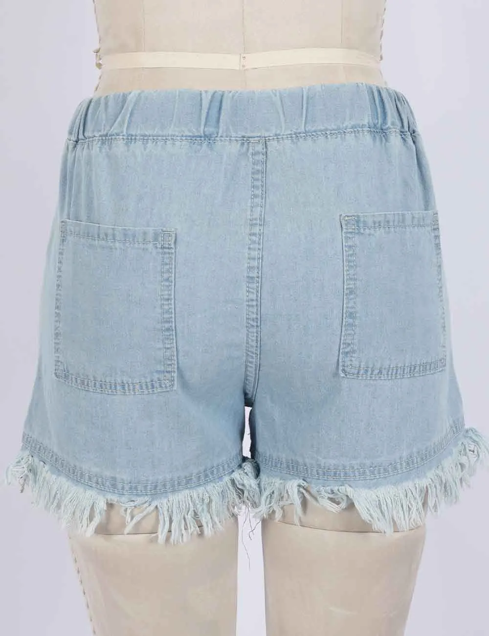 Drawstring Waist Frayed Hem Denim Shorts