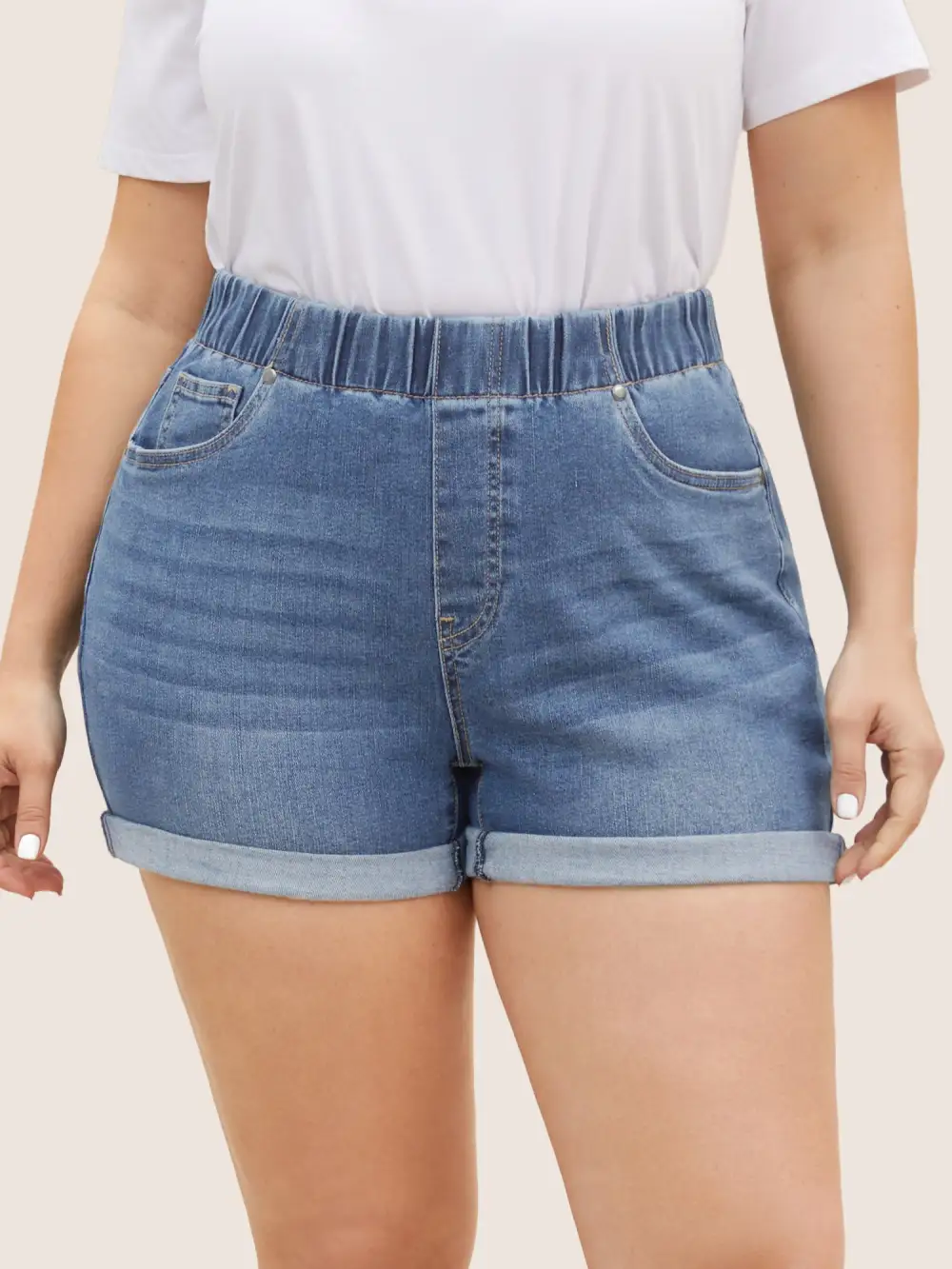 Dark Wash Elastic Waist Roll Hem Denim Shorts