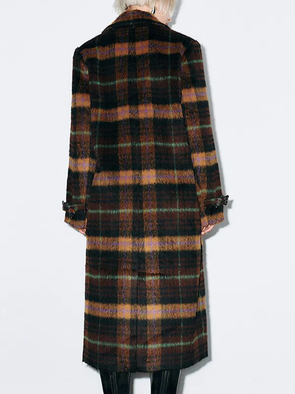 A Long Casual Brown Checkered Coat For Women