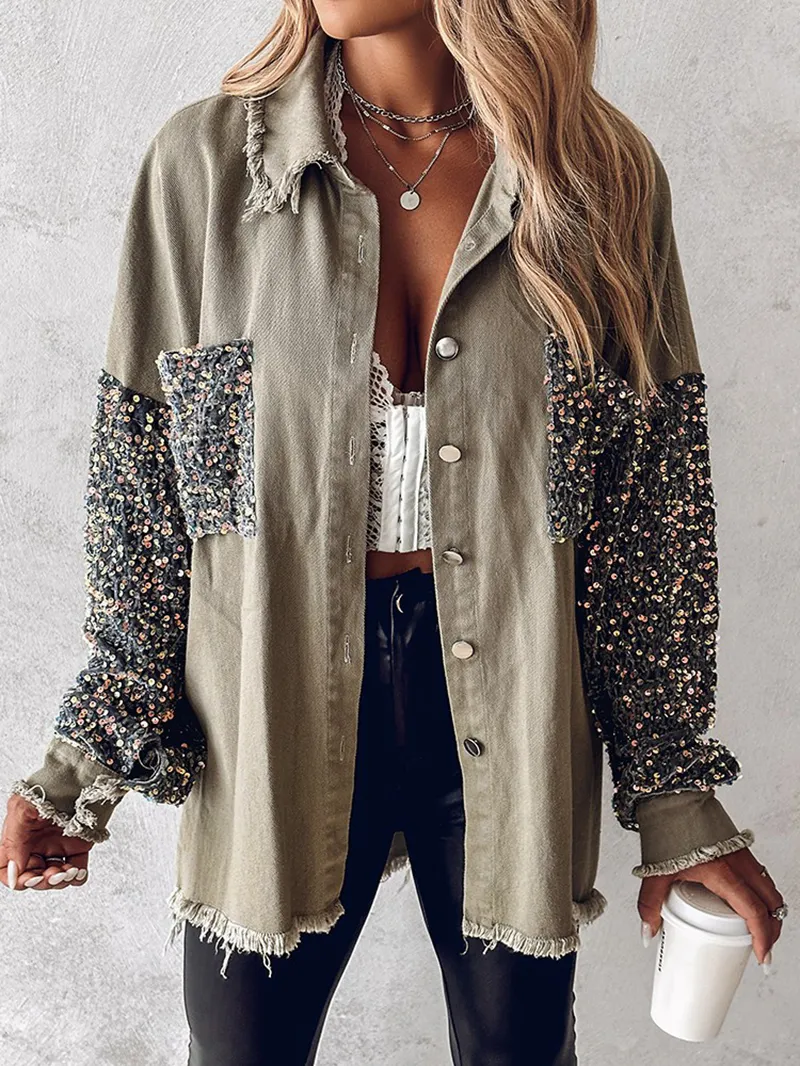 Casual sequin patchwork pocket jacket