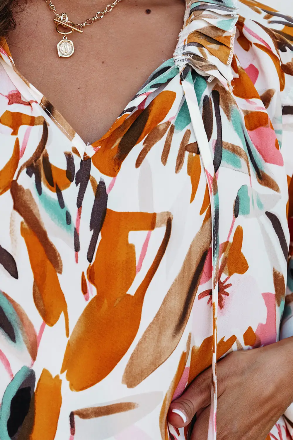 Abstract Print Frilled V-Neck Blouse