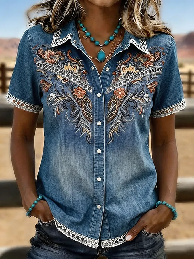 Women's Denim Floral Embroidered Lace Trim Western Button-Down Shirt