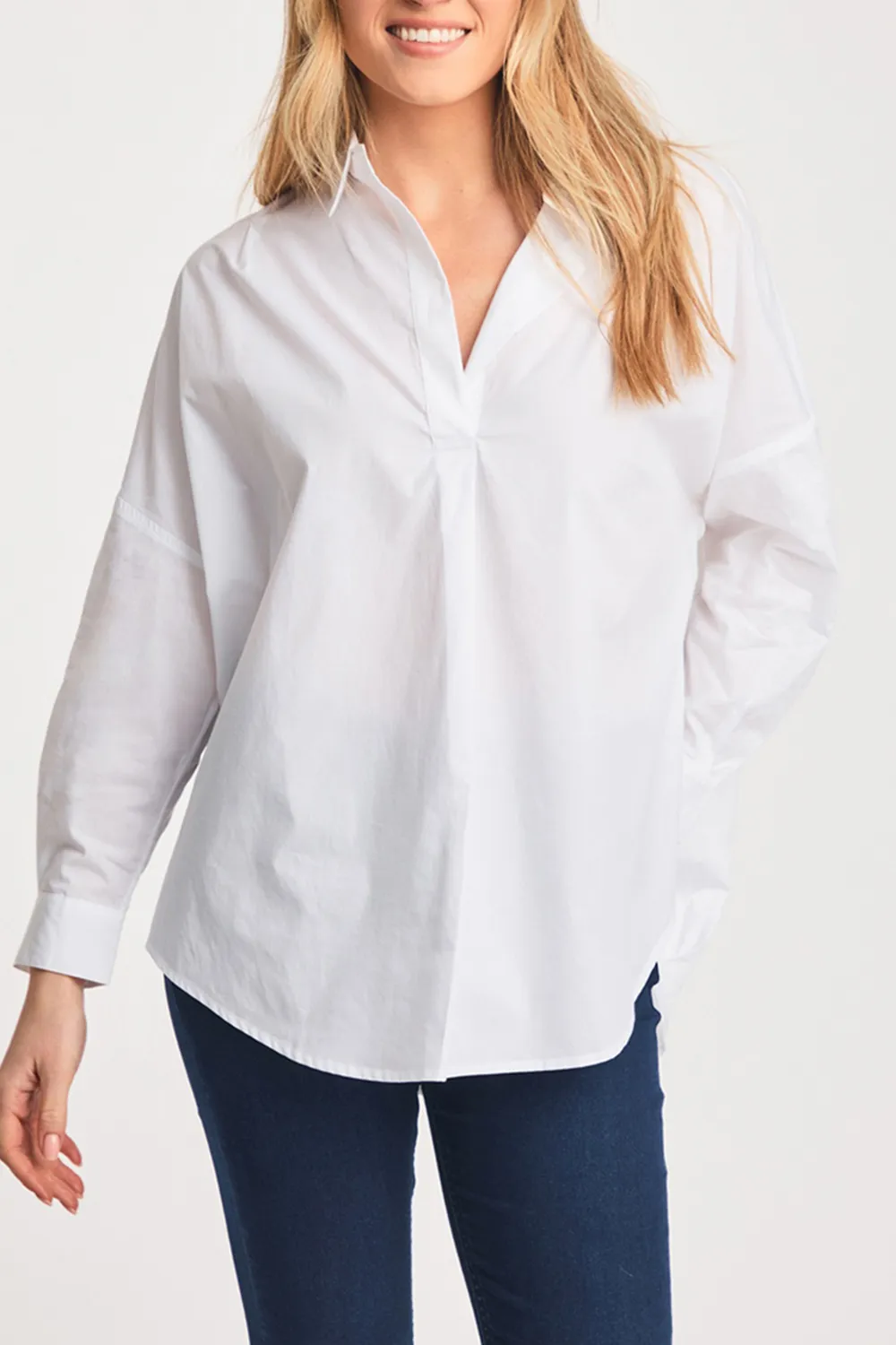 White Cotton V-Neck Lapel Shirt For Women