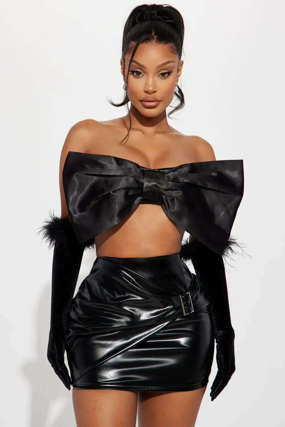 Show Stopper Faux Leather Skirt Set - Black