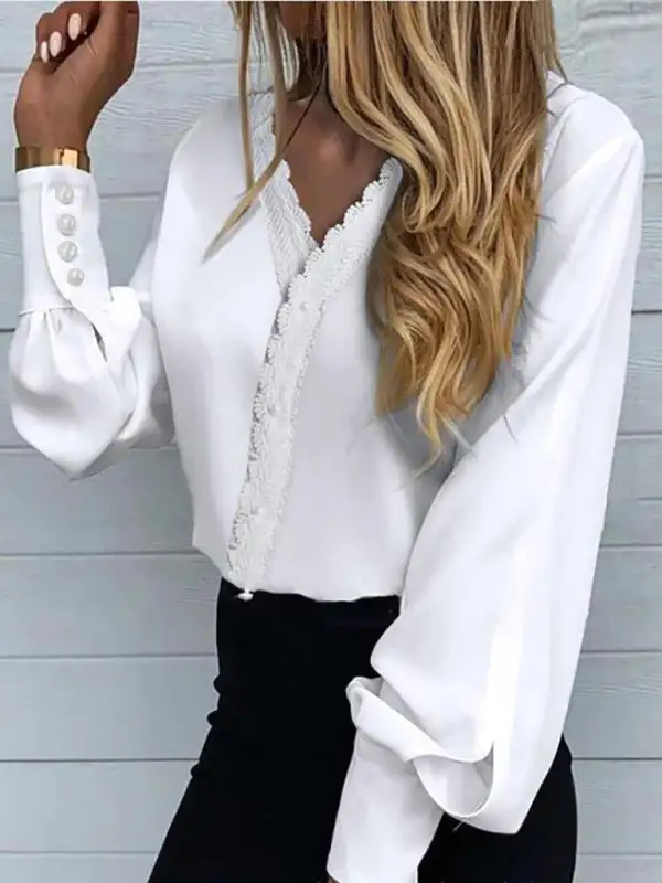 Lace Trim Long Sleeve Blouse
