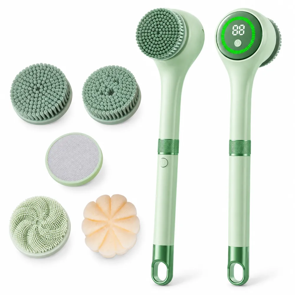 Rechargeable Electric Shower Back Scrubber - Long Handle IPX Waterproof PVC Rotating Bath Brush with 5 Replaceable Brush Heads, 3 Speed Modes, Exfoliating Massager for Adults with Sensitive Skin