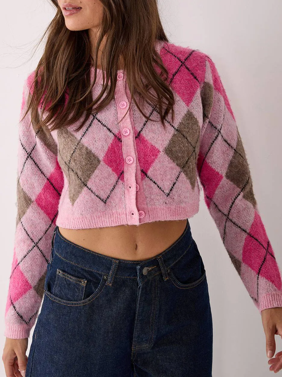 Women's Vintage Argyle-Patterned Fuzzy Cardigan