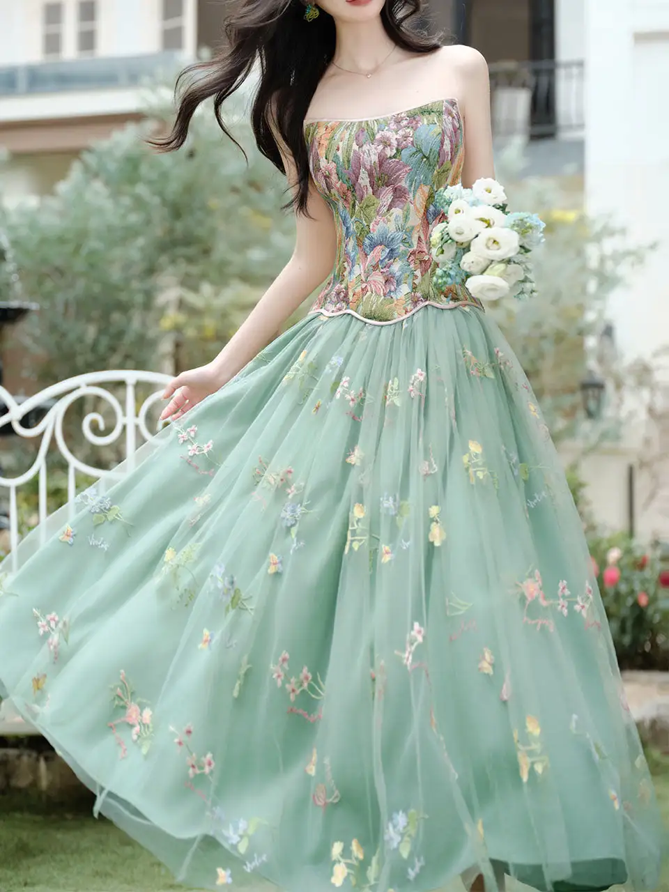 Floral Embroidered Tulle Evening Gown