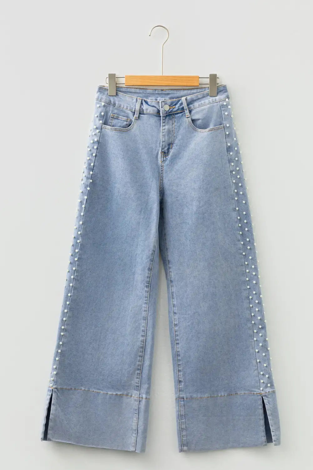 Mid Rise Pearl Embellished Split Wide Leg Jeans