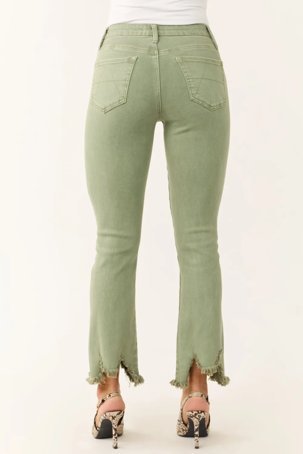 Olive Green Frayed Hem Jeans