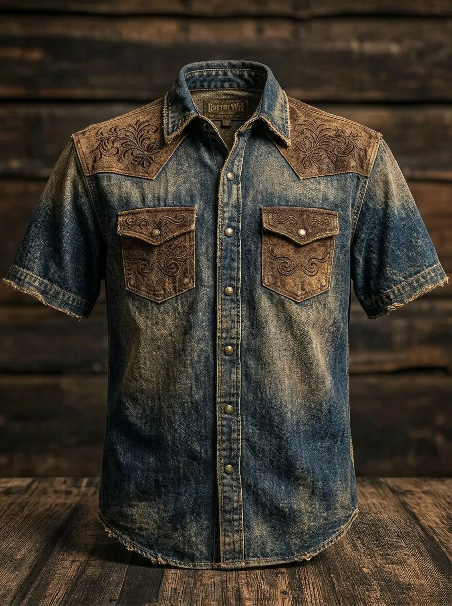 Men's Western Cowboy Floral Embroidered Distressed Denim Printed Shirt
