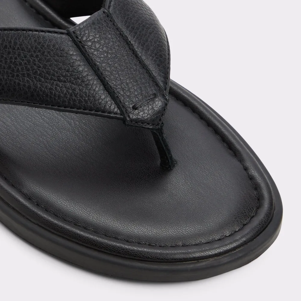 Open Toe Black Pebbled Leather Flip Flops