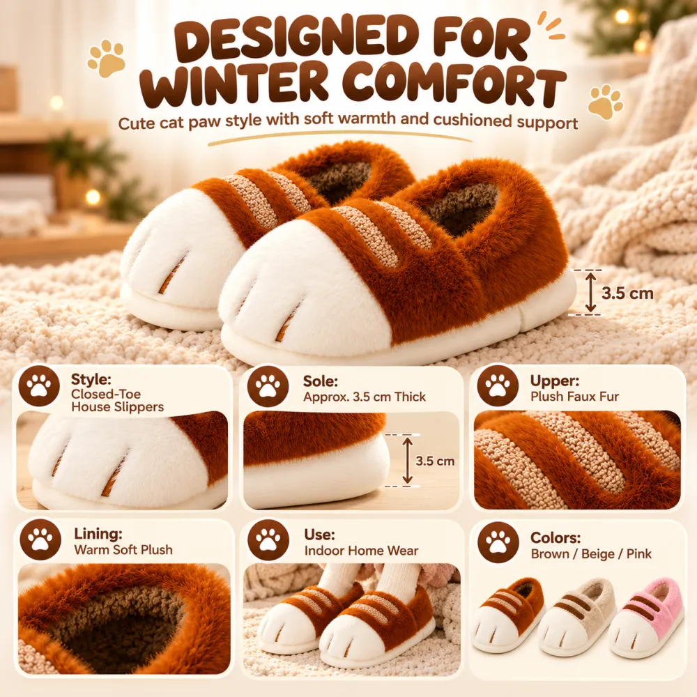 Cat Paw Plush Slippers Fleece-Lined Thick Warm