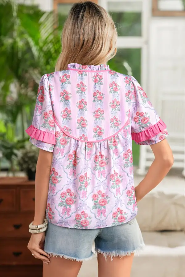 Purple  Floral Bow Printed Contrast Ruffled Short Sleeve Blouse