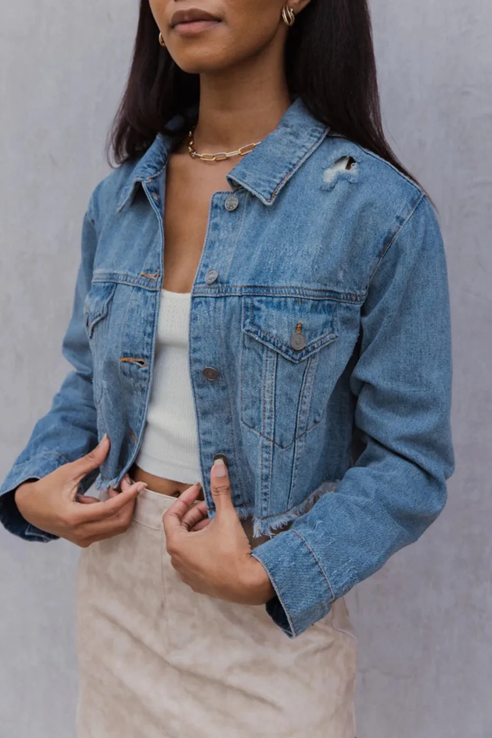 Distressed Cropped Denim Jacket