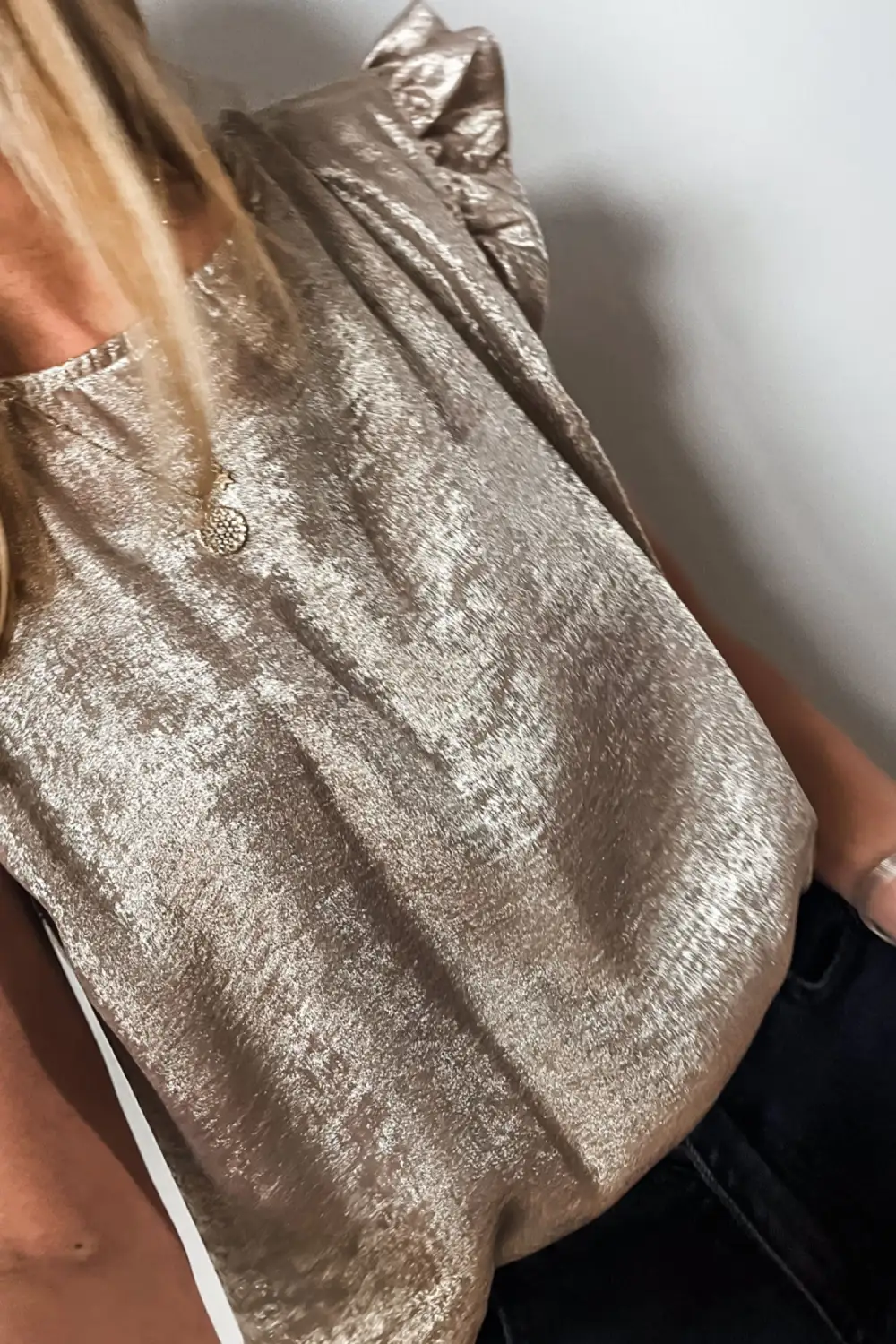 Metallic Round Neck Ruffle Trim Sleeveless Top