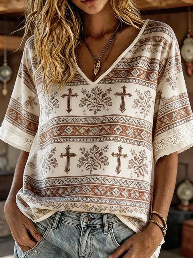 Women's Cross Aztec Print Boho Western V-Neck Blouse