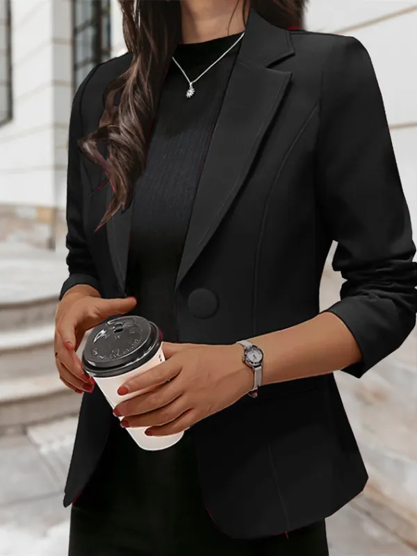 Lapel Collar Long Sleeve Plain Regular Loose Blazer For Women