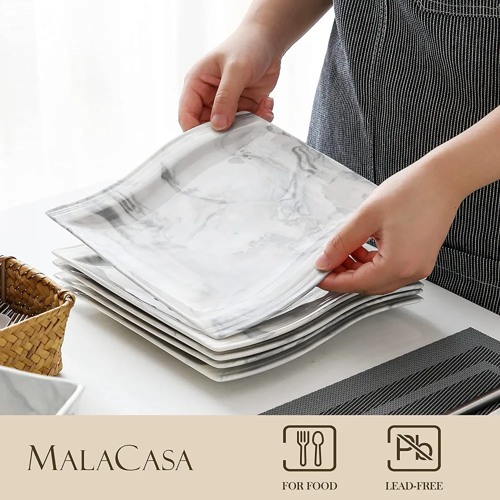 MALACASA Ivory White Dinnerware Sets, 60-Piece Square Dish Set for 12, Porcelain Dishes with Dinner Plates, Dessert Plates and Soup Plates, Cups and Saucers, Modern Dinnerware Oven Safe, Series Flora