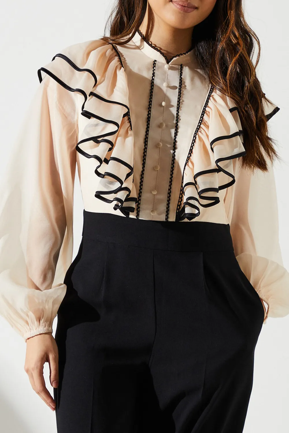 Women's High Collar Ruffled Long Sleeve Loose Casual Jumpsuit