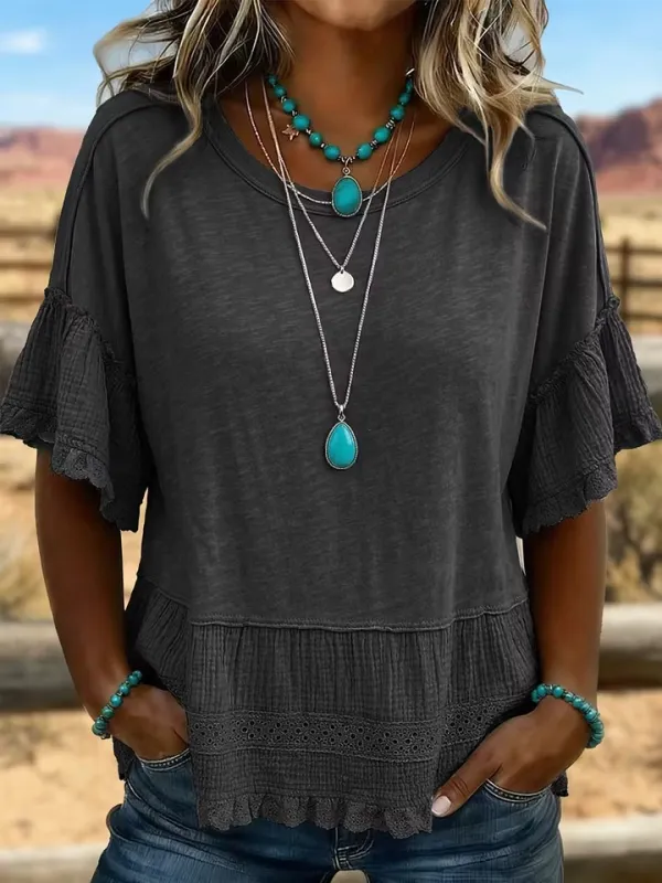 Women'S Retro Art Solid Color Splicing T-Shirt