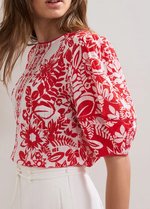 Fluffy Soft Puff Sleeve Art Print Ladies Top