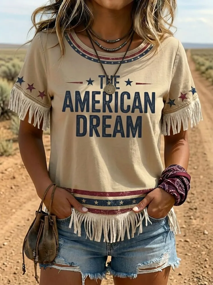 Vintage The American Dream Print Tassel Patchwork Casual Top