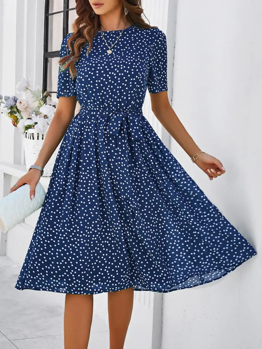 Printed Round Neck Short Sleeve Casual Dress