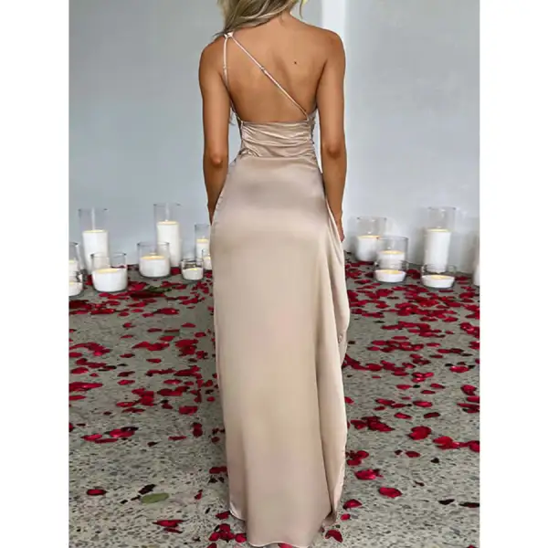 One Shoulder Satin Dress with High Slit