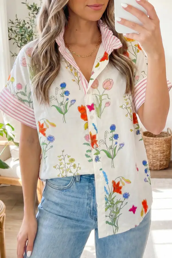 Beige Floral Striped Patchwork Ruffled Collar Short Sleeve Shirt