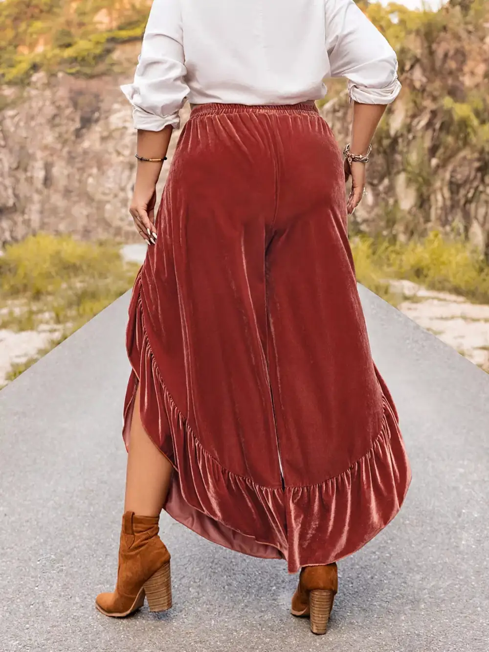 Everyday Velvet Ruffle Hem Wide Leg Pants