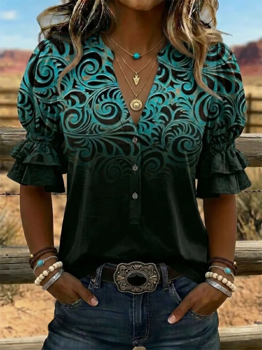 Abstract Art Print V-neck Puff Sleeve Ruffle Shirt