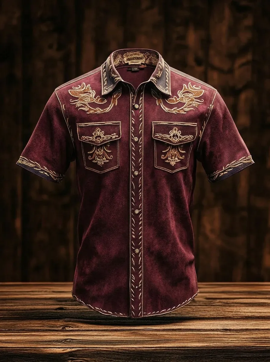 Men's Western Cowboy Floral Embroidery Printed Shirt-2