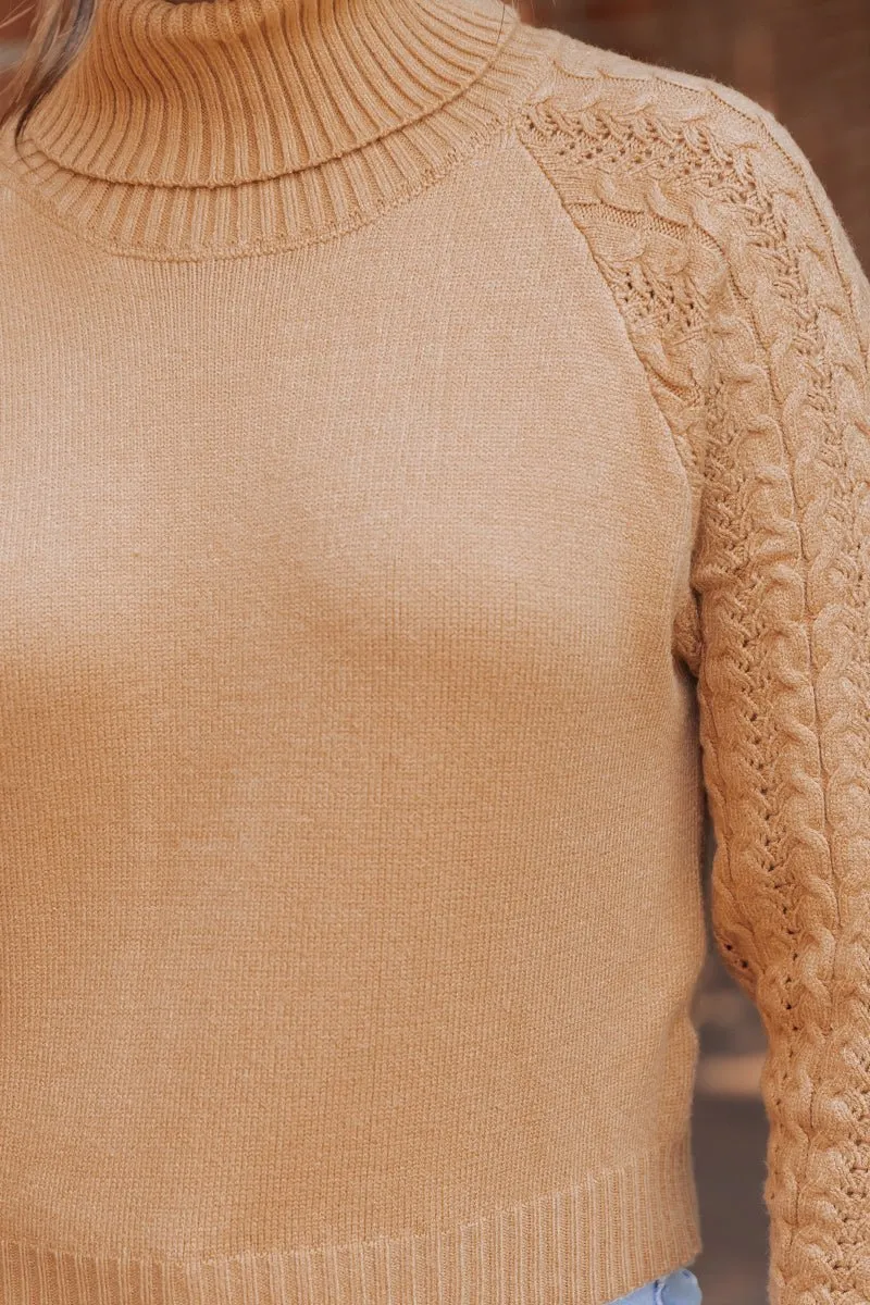 Camel Cable Knit Sleeve Turtleneck Sweater