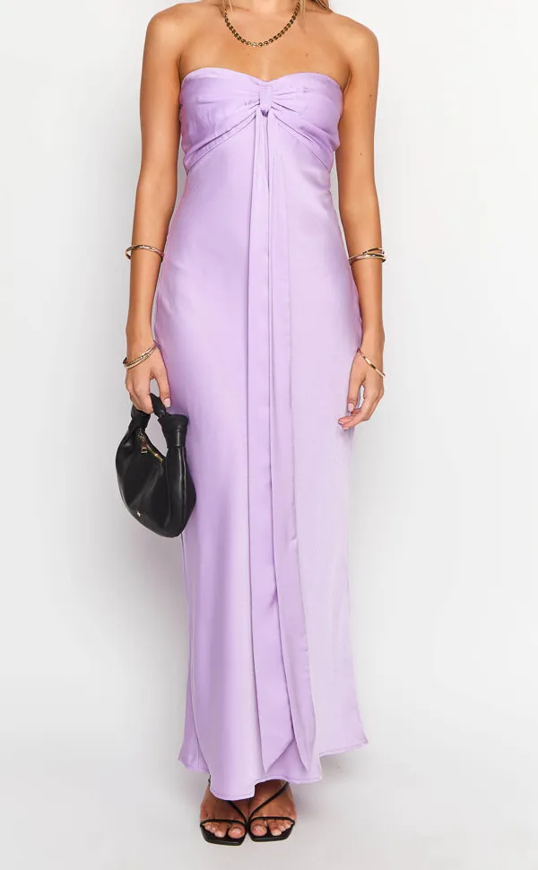 Modern Satin Strapless Frills Maxi Dress