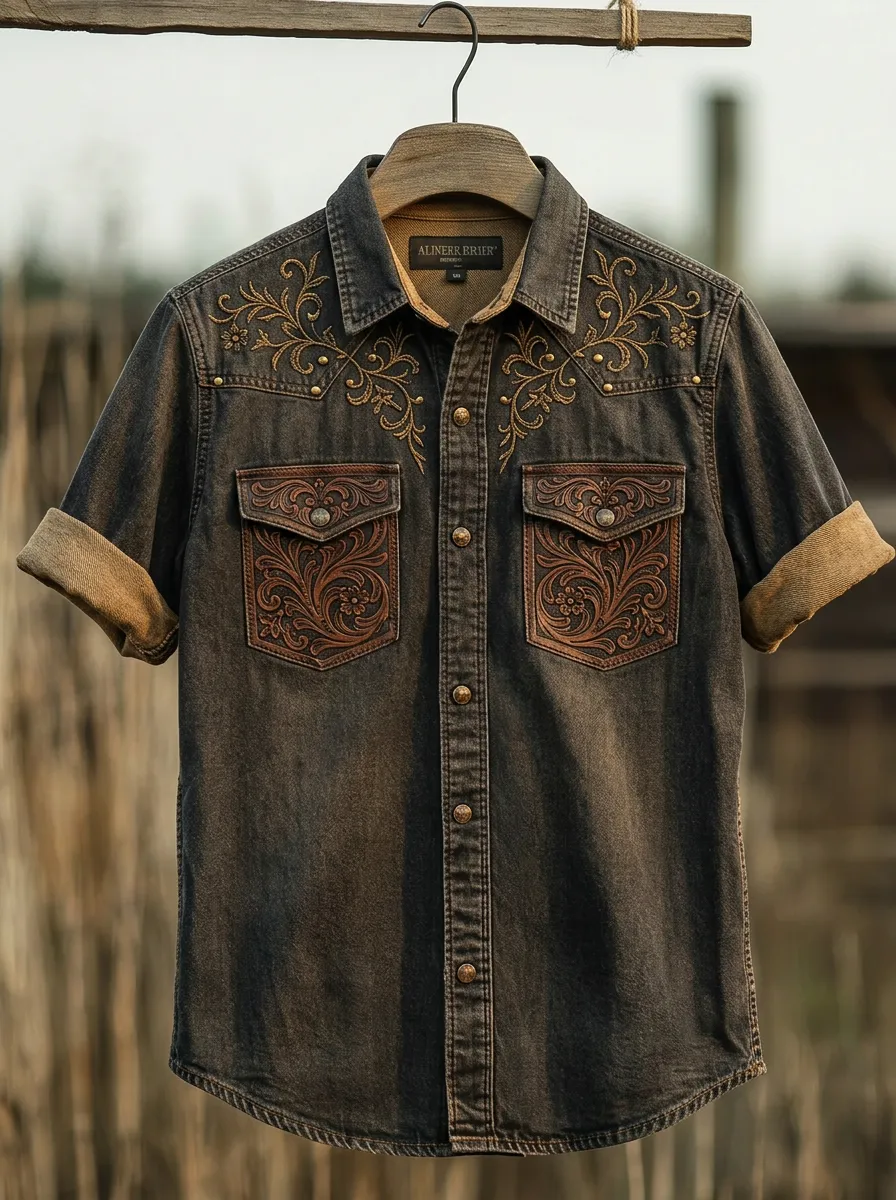 Men's Western Cowboy Floral Embossed Printed Shirt