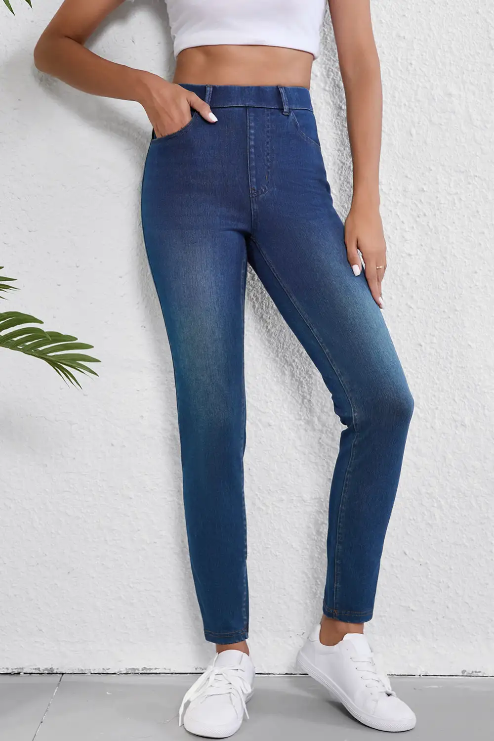 Blue Multiple Pockets Straight Leg Washed Stretchy Knit Casual Jeans