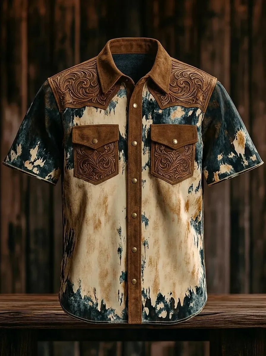 Men's Western Cowboy Tooled Leather Pattern Printed Shirt
