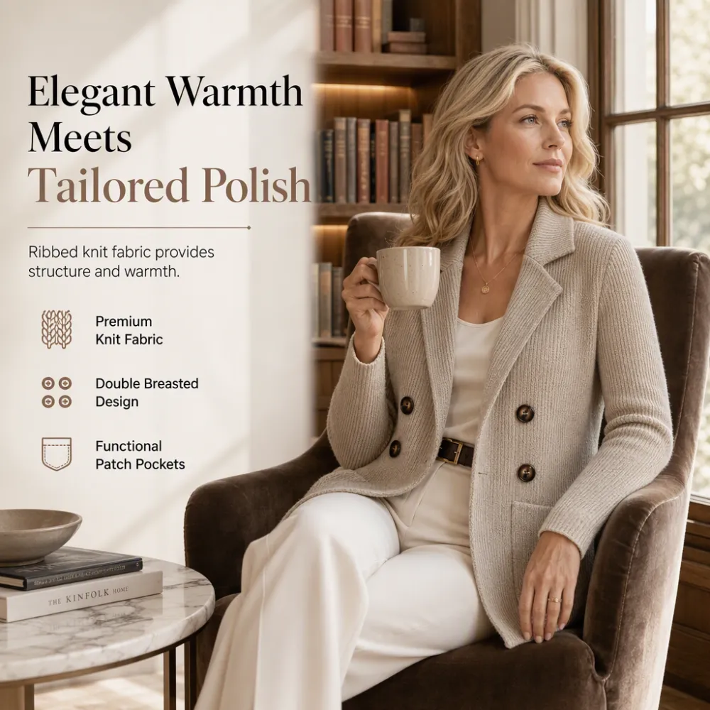 🌸Women's Double-Breasted Ribbed Knit Cardigan with Pockets and Notched Lapel