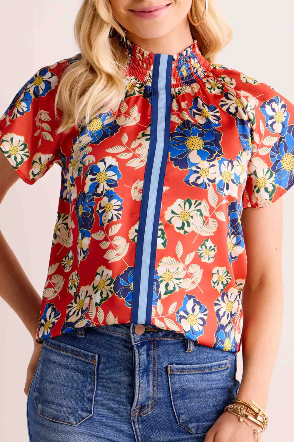 Red Floral Print Stand Collar Short Sleeve Top