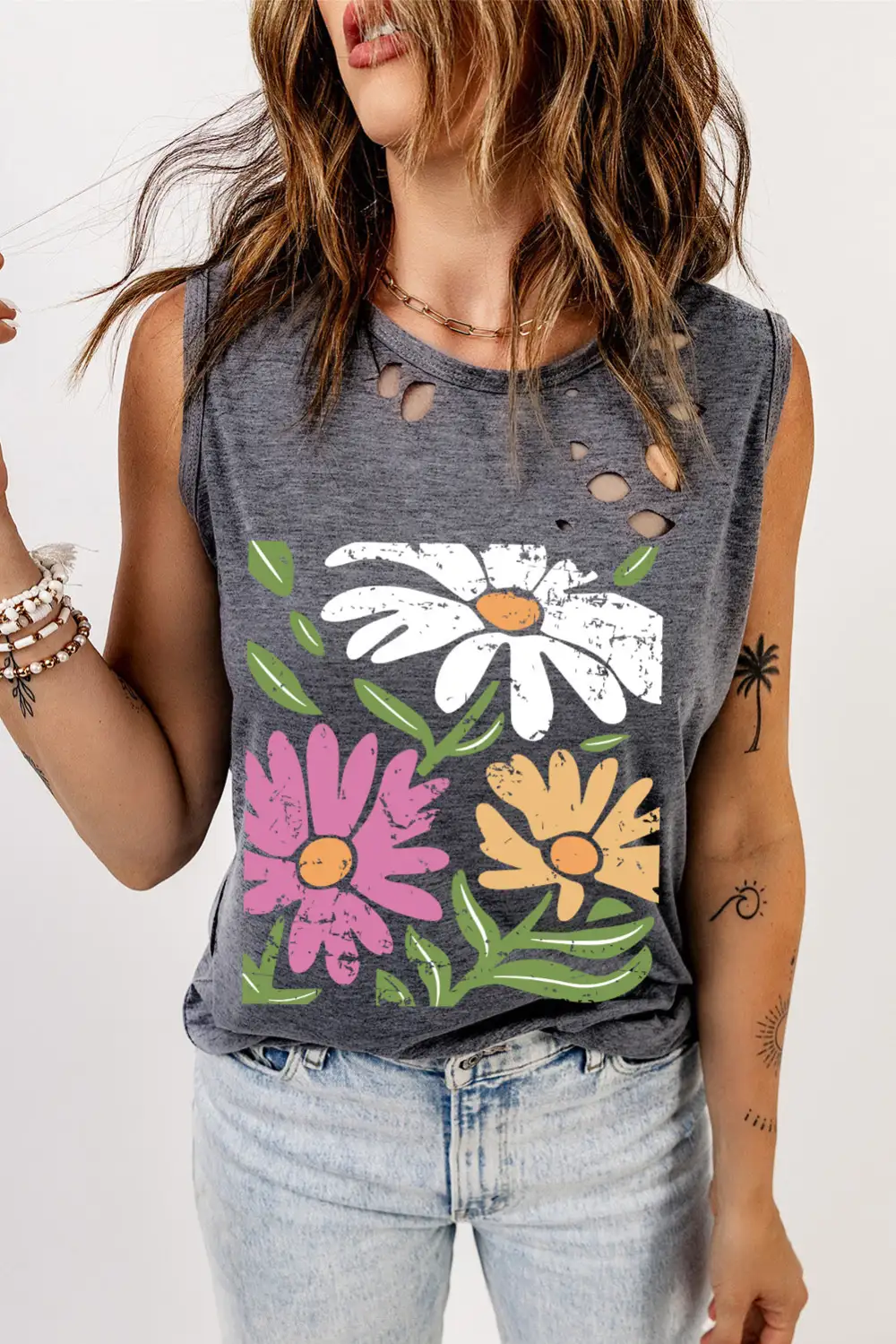 Floral Printed Ripped Crewneck Tank Top