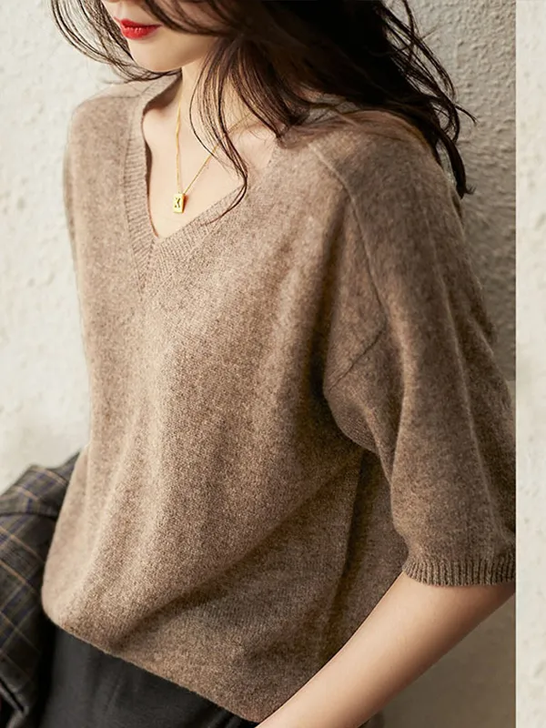 Loose Solid Color Half Sleeve Knitted Sweater