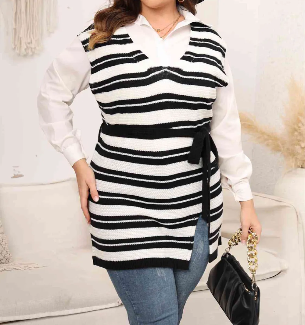 Plus Size Striped Colared Neck