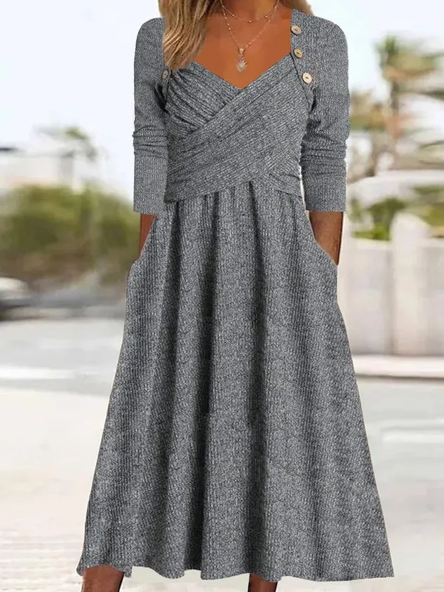 Women Plain Sweetheart Neckline Long Sleeve Comfy Casual Buckle Maxi Dress