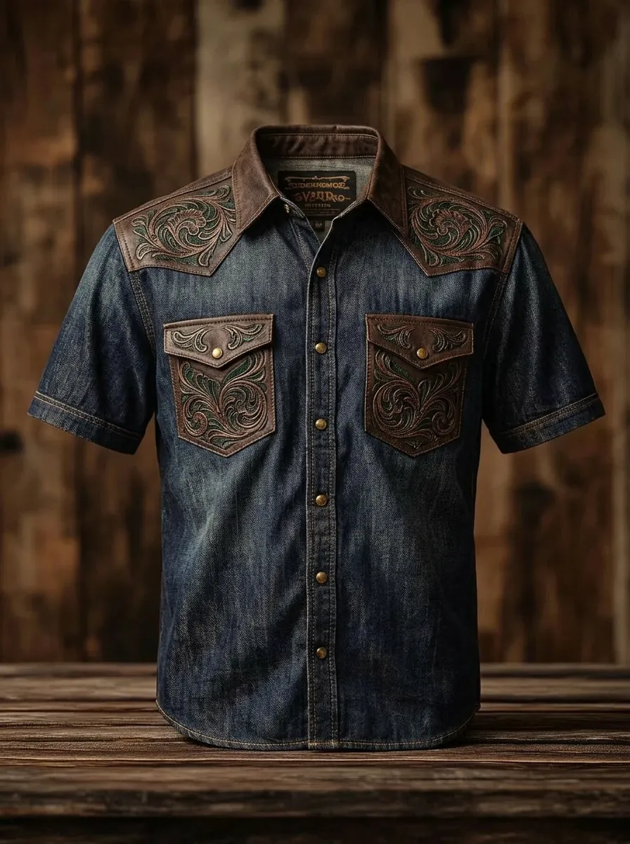 Men's Western Cowboy Floral Tooled Leather Print Denim Shirt
