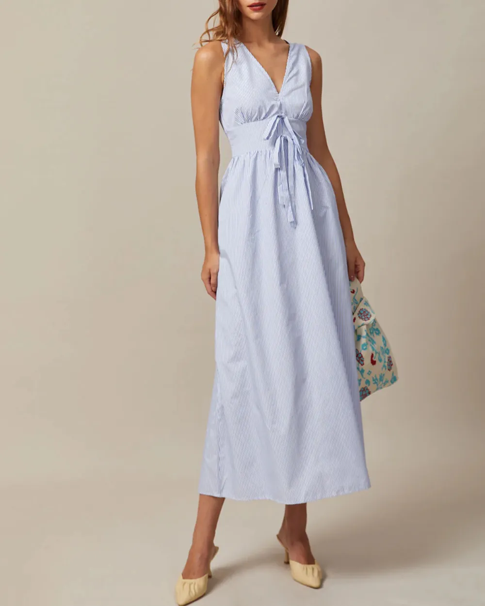 Deep V Neck Blue Dress