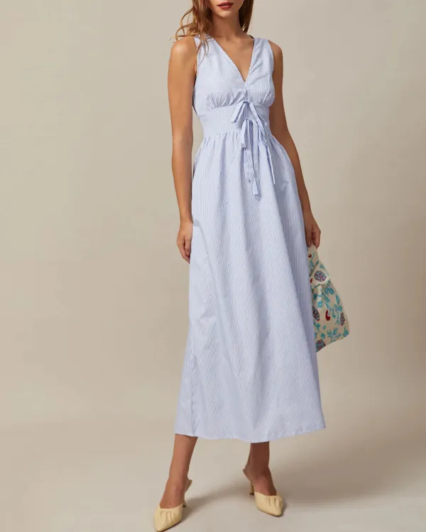 Deep V Neck Blue Dress