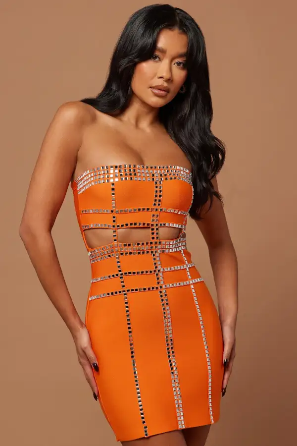 Ella Embellished Bandage Mini Dress - Orange