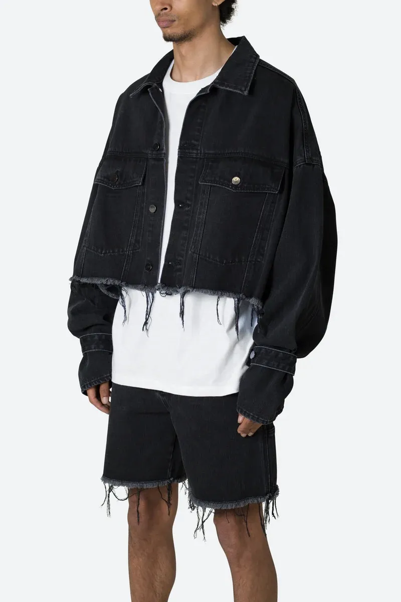 BLACK CROP STYLE DISTRESSED DENIM JACKET